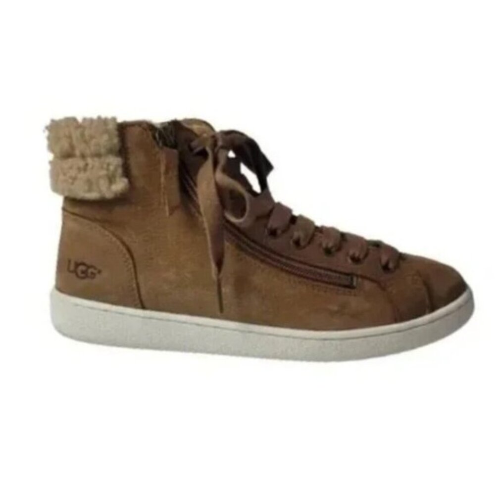 UGG Camel Shearling Cuff High Top Sneakers Cozy Side Zip Women Shoes